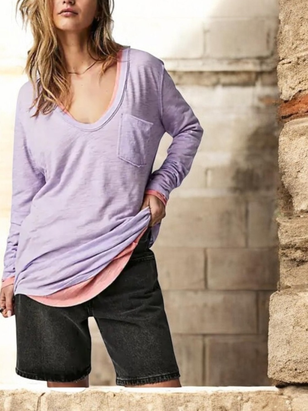 FREE PEOPLE BETTY LONG SLEEVE TEE MEDIUM TO LARGE LAVENDER